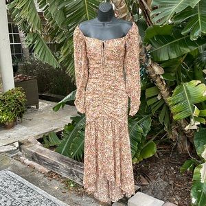 ASTR off shoulder floral, dress with mermaid, ham, and statement sleeves
